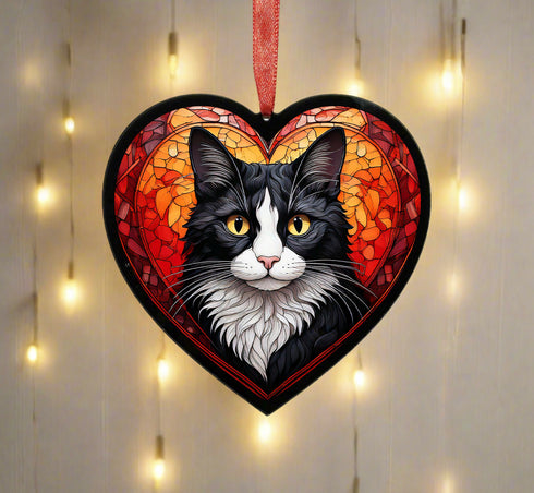 Black & White Cat Stained Glass Effect Heart Suncatcher